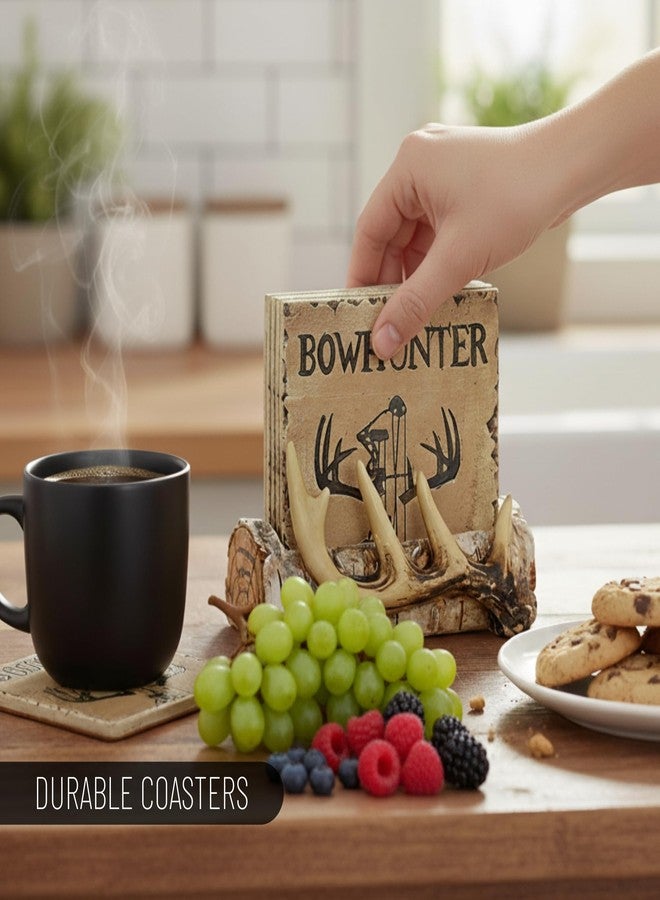 Pine Ridge Home Antler Wood Log Coaster Set with Holder - Bow Hunter Country Absorbent Coaster - Cabin Lodge Home Decor for Hunter Men - Man Cave Coasters Rustic Wood Decor Accent - Image 5